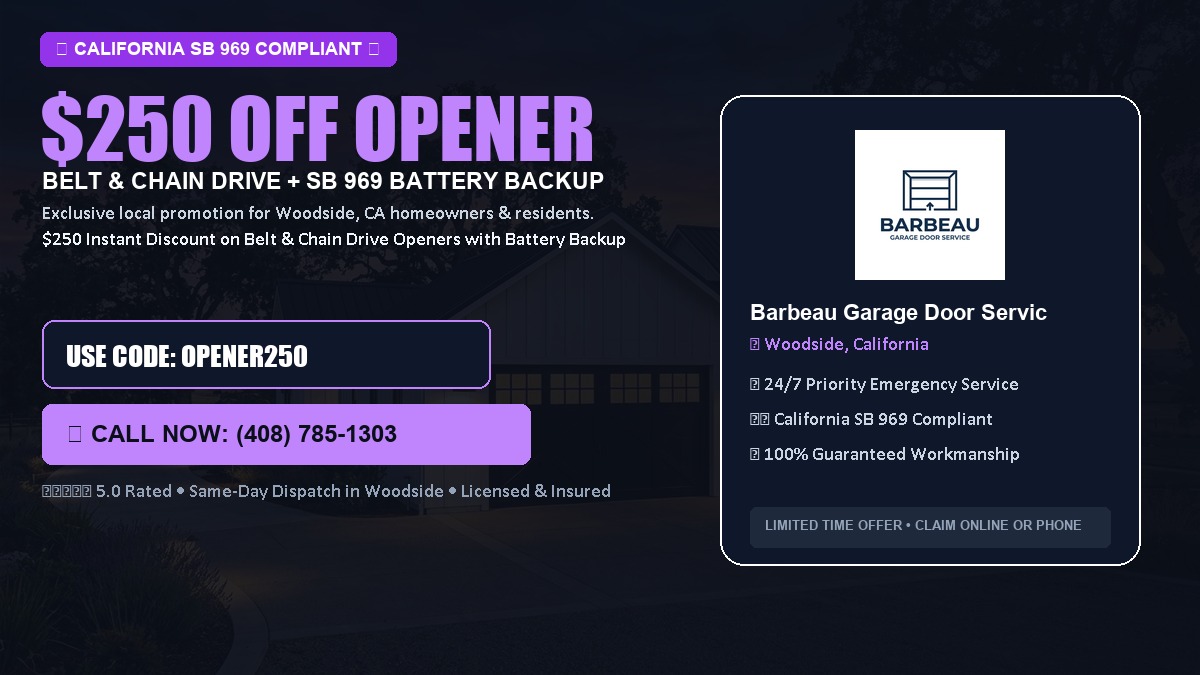 $250 OFF Smart Garage Door Opener Installation (Belt & Chain Drive with California SB 969 Battery Backup) in Woodside, CA