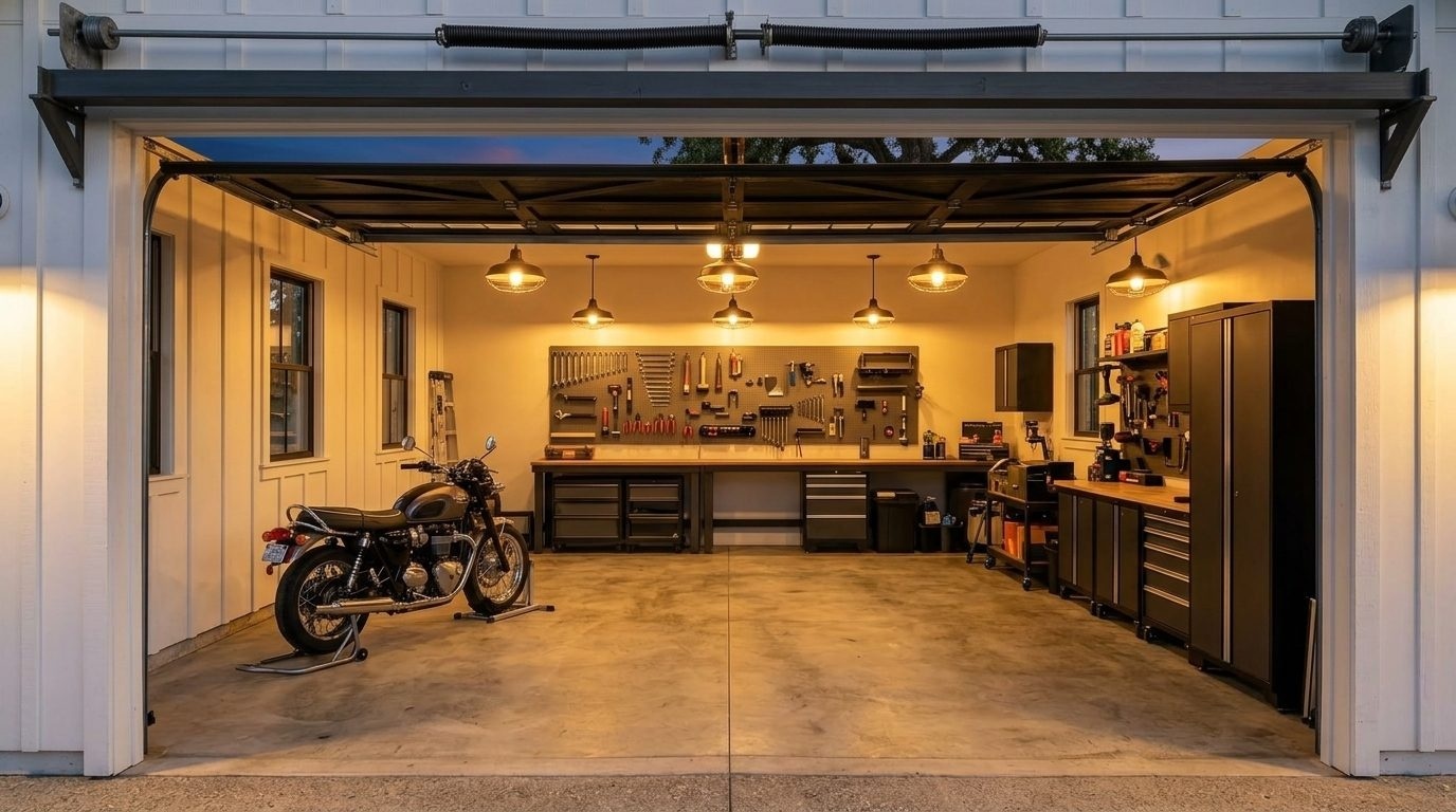 Barbeau Garage Door Service Interior View of Custom Garage Door Overhead and Workshop